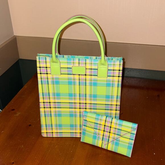 Baekgaard Handbags - Baekgaard Pastel Green Leather Boxed Tote Clueless Acedemia Hardside Plaid